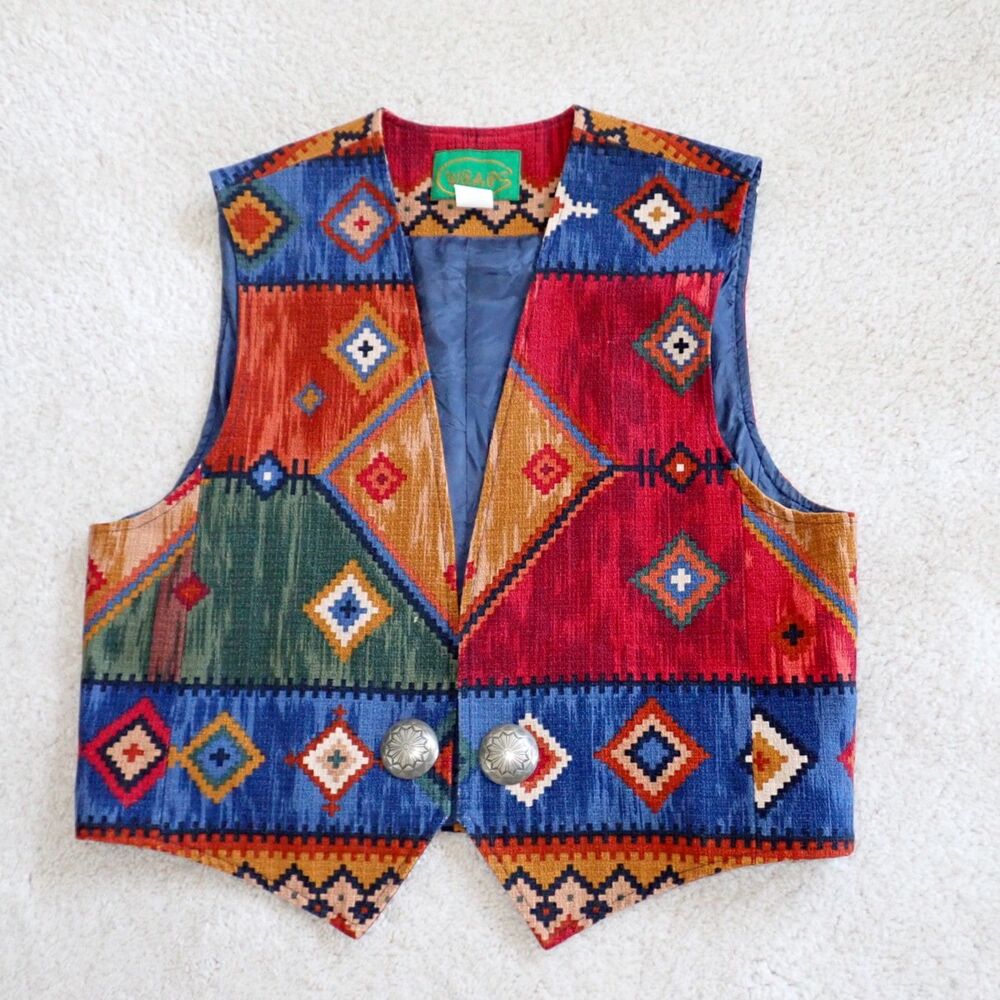 Wraps Western Wear Tapestry sz XL Southwestern Tribal Vest Silver Concha Mint! - Picture 6 of 15